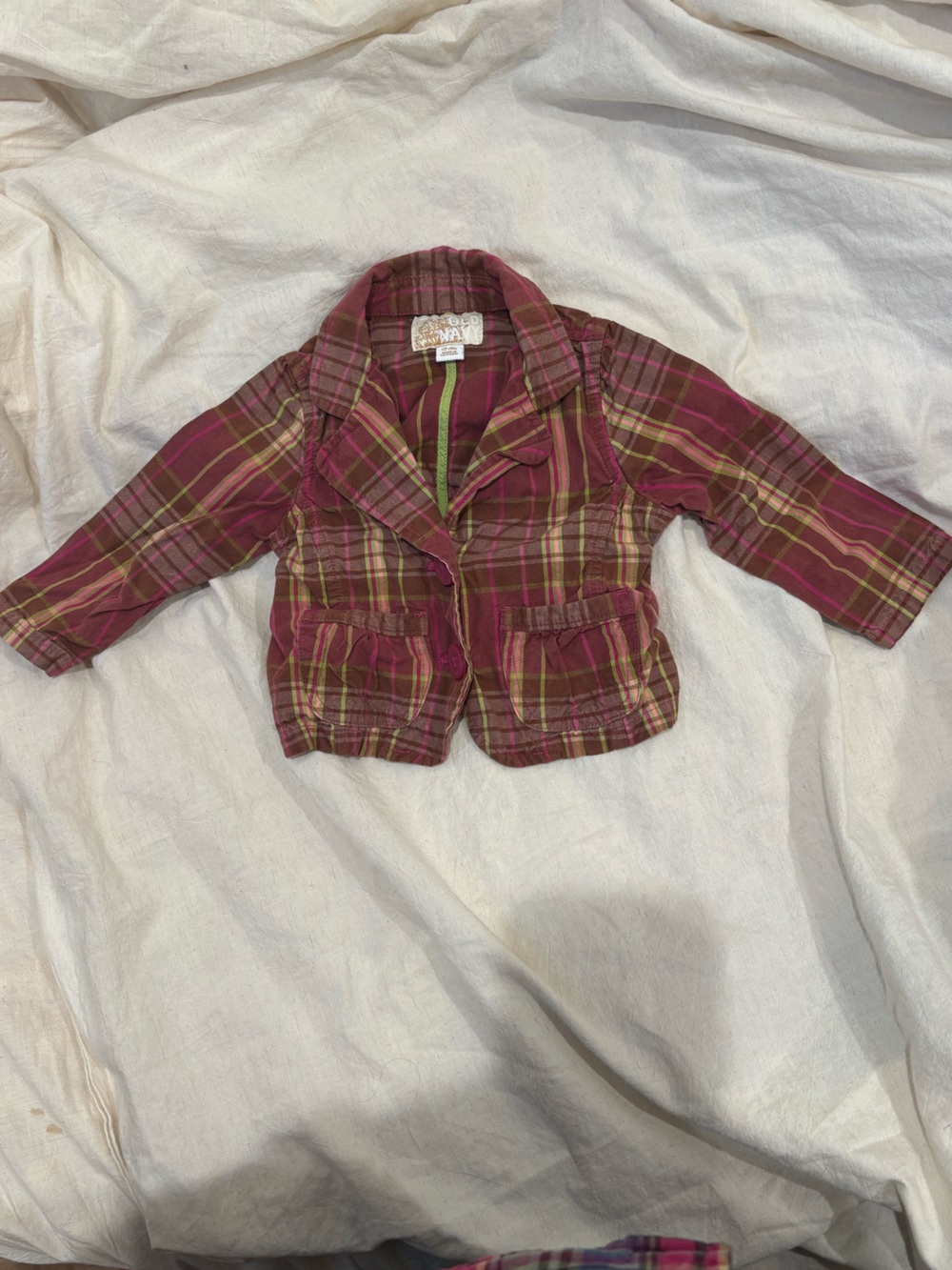 Old Navy baby/toddler Plaid Button-Up Jacket in Burgundy/lime 12-16 mos